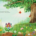 Text: "Am Rand einer Wiese stand eine kleine Blume. Die Sonne schien und PLOPP! – öffnete die Blume ihre Blütenblätter." Illustration: Wiese mit Blumen, Schmetterlingen, Baum und Tieren.