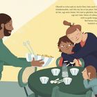 Text: "Obwohl es schon spät ist...", Illustration: Eine Familie am Tisch, der Vater serviert Pasta, die Mutter umarmt ein Kind.