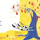 Der Text beschreibt, wie Hase Schnifis und Ludovic, der Spitz, um einen Birnbaum flitzen. Illustration mit farbenfrohem Baum.