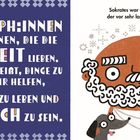 Links: "Philosoph:innen sind Personen, die die Weisheit lieben..."  
Rechts: Illustration von Sokrates mit einem Hund.