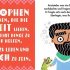 Links steht: "PHILOSOPHEN SIND PERSONEN, DIE DIE WEISHEIT LIEBEN..." Rechts ist eine Illustration von Aristoteles.