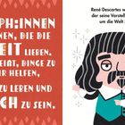 PHILOSOPH:INNEN sind Personen, die Weisheit lieben. Illustration von René Descartes mit Vogel und funkelnden Details.
