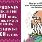 Links: Text über Philosophinnen, Weisheit, besser und glücklich leben. Rechts: Illustration von Platon mit Katze.