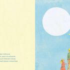 Text über einen seltsamen Traum, Vollmond. Illustration: Kind und Erwachsener betrachten Himmel mit Mond und Stern.