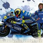 "Januar" oben, Kalender mit blauem Hintergrund. Motorsportler in blau-gelber Kleidung neben einem Motorrad.