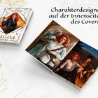 Charakterdesigns auf der Innenseite des Covers. Eine Illustration zeigt Personen in abenteuerlicher Kleidung und einer Abendlandschaft.