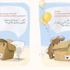 Zwei Sprechblase mit Texten über eine leere Kiste und ihren Nutzen. Ein Huhn, ein Hase und ein gelber Ballon. Illustration.
