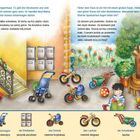 Text: Das ist unser Treppenhaus. Illustration: Kinderwagen, Dreirad, Spielzeuge, Baum, bunte Blumen, lachende Kinder.