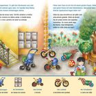 Texte oben: Beschreiben ein Treppenhaus und einen Hof mit Spielzeugen. Unten: Abbildungen von Treppe, Kinderwagen, Briefkästen, Dreirad.