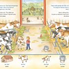 Texte: 

Hanna und Simon haben viel zu tun. 
Das Kaninchen, der Stall, die Kuh, das Kalb, der Eimer, die Milch.

Szene: 

Illustration von Tieren im Stall, Hanna mit einem Kalb, Papa melkt Kühe. Kaninchengehege im Hintergrund.