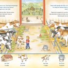 Oben: Texte über Hanna, Simon und Tiere im Stall. Unten: Wörter mit Bildern von Kaninchen, Stall, Kuh, Kalb, Eimer, Milch.