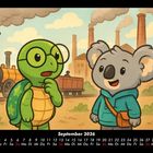 Kalender: September 2026, Illustration einer Schildkröte und eines Koalas vor Industriekulisse mit Dampfloks.