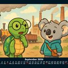 Kalender September 2026. Eine Schildkröte mit Brille und ein Koala in einer Fabriklandschaft.