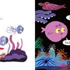 Links steht: "Noch weiter unten begegnet er einem Käsefisch." Rechts: Cartoon-Fische im Meer; einer sagt "Hi!", ein anderer "Blub!".