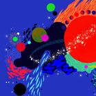 Eine farbenfrohe Illustration mit leuchtenden Planeten und abstrakten Mustern auf blauem Hintergrund.