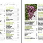 Doppelseite eines Inhaltsverzeichnisses mit Themen zu Almenwirtschaft und Praxisbeispielen. Rechts oben ein Foto von violetten Blumen.
