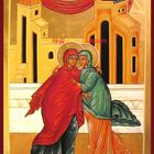 Text: „MP ΘΥ“ und „ELISABETH“. Eine goldene religiöse Ikone zeigt zwei Frauen in farbigen Gewändern in Umarmung.