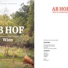 Text links: "AB HOF, Kulinarische Landpartien rund um Wien, mit 30 Rezepten." Rechts: Inhaltsverzeichnis mit Themen. Links Waldszene.
