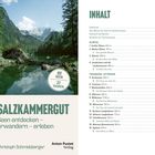 Titel: Salzkammergut - Seen entdecken – erwandern – erleben. Kapitelübersicht: Quellraum, Almtal, Traunsee-Attersee. Cover zeigt See mit Bergen.