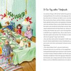 5) Ein Tag voller Vorfreude. Die Familie sitzt an einem Tisch beim Sonntagsfrühstück. Ein Kind reicht sich Brot. Eine Katze ist dabei.