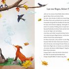 "Lass uns fliegen, kleiner Fuchs!" Ein Fuchs und Dachs beobachten Vögel. Buntes Laub und Blätter im Hintergrund.