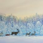 Gemälde: Eine Winterlandschaft mit schneebedecktem Wald, vorne eine Reihe von Tieren im Schnee, darunter Hirsche und ein Fuchs.