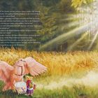 Texte handeln von Jobi und Peppos Flug-Abenteuer. Illustration: Pinker Vogel und Maus im Kornfeld, Sonnenstrahlen von rechts oben.