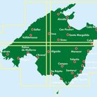 Grüne Karte von Mallorca mit Städtenamen wie Palma, Alcúdia und Manacor. Textraster und grüne Insel.