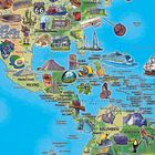 Eine bunte Illustration von Nord- und Mittelamerika mit Städten wie Washington, D.C., Mexiko-Stadt und Quito, sowie Symbolen wie Route 66 und dem Mississippi.