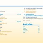 Inhalt: Kapitelüberschriften mit Seitenzahlen und Entfernungen. Farbig gestalteter Text mit blau und orange Akzenten.