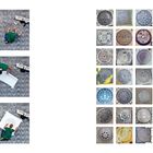 Links: drei Bilder eines Jungen beim Reiben eines Kanaldeckels. Rechts: 30 verschiedene Kanaldeckel, verziert und bunt.