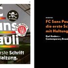 FC Sans Pauli: die erste Schrift mit Haltung. Stadionhintergrund, St. Pauli Totenkopf-Logo, Regenbogenstreifen.