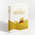 Text: "HOMER ODYSSEE, ANACONDA". Ein Buch mit goldenem Wellendesign und einem kleinen Schiff auf dem Cover.