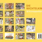 "Die Wichtelkinder: 18 Kunstpostkarten" in großen Buchstaben. Sechzehn kleine Illustrationen auf gelbem Hintergrund.
