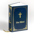 „Die Bibel“ in goldener Schrift auf blauem Buch mit goldenem Kreuz-Design.