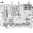 Texte: "Bitte drehen", "Hier sehen wir das Innere von Lord Funt Krankenhaus", "Kindersätion", "Nellys Station", "Apotheke", "Ravis Station", "Sir Quentin Strillers Büro". Illustration eines Gebäudes mit Etagen.
