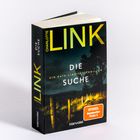 Text: "CHARLOTTE LINK DIE SUCHE. Ein Kate-Linville-Thriller. SPIEGEL Bestseller Platz 1." Ein Buch mit einem düsteren Cover.