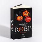 "NEUER FALL", "Nora Roberts schreibt als J.D. Robb", "Blutiges Band", Roman. Zwei leuchtend orange Blumen auf schwarzem Hintergrund.