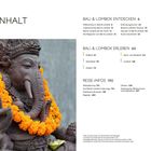 Inhalt mit Themen wie "Bali & Lombok entdecken", "Reise-Infos", und "Glossar". Links Statue von Ganesha mit Blumenkette.