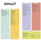 INHALT mit Kategorien: Einführung, Highlights, Themen, Stadtteile, Reise-Infos. Seitenzahlen daneben.
