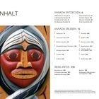 Text auf Deutsch: Inhaltsverzeichnis mit Themen "Kanada entdecken" und "Kanada erleben". Illustrative Totempfahl-Maske links.