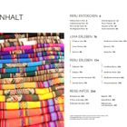 Texte: Inhalt, Peru entdecken, Lima erleben, Peru erleben, Reise-Infos. Farbenfrohe, gestapelte, gemusterte Textilien.