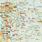 Karte mit Städtenamen wie Frankfurt am Main, Würzburg, Mannheim. Nummerierte Orte in roten Kästchen, gelbe Straßenlinien.