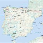 Karte von Spanien und Portugal mit Städten wie Madrid, Sevilla, Lissabon, Barcelona und Küstenlinien des Atlantiks und Mittelmeers.