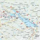 Karte des Bodensees mit Städten und Grenzen von Deutschland, Schweiz und Österreich. Orte: Konstanz, Friedrichshafen, Lindau.