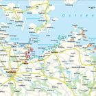 Kiel, Lübeck, Rostock und Rügen sind markiert. Karte zeigt Städte und Wasserwege der Ostsee in Norddeutschland und Dänemark.