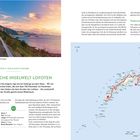 Musterlayout. Paradiesische Inselwelt Lofoten. Karte zeigt Route von Å nach Svolvær. Foto: Straße bei Sonnenuntergang.