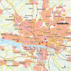 Städte: Hamburg, Pinneberg, Wedel, Buxtehude. Fluss: Elbe. Zahlen markieren Orte, Straßen sind gelb und schwarz markiert.