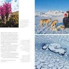 "In den Sommermonaten schmücken blühende Pflanzen und Kräuter die arktische Tundra auf der Disko-Insel in Westgrönland."

Ein blühendes Kraut in einer grünen Landschaft. Menschen mit Schlittenhunden auf Schnee, darunter eine Eislandschaft.