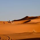 Keine Texte sichtbar. Drei Personen mit Kamelen auf orangefarbenem Sand in einer Wüste. Wellenartige Sanddünen im Hintergrund.
